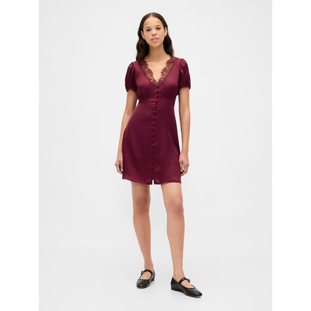 GAP Satin Lace-Trim V-Neck Mini Dress